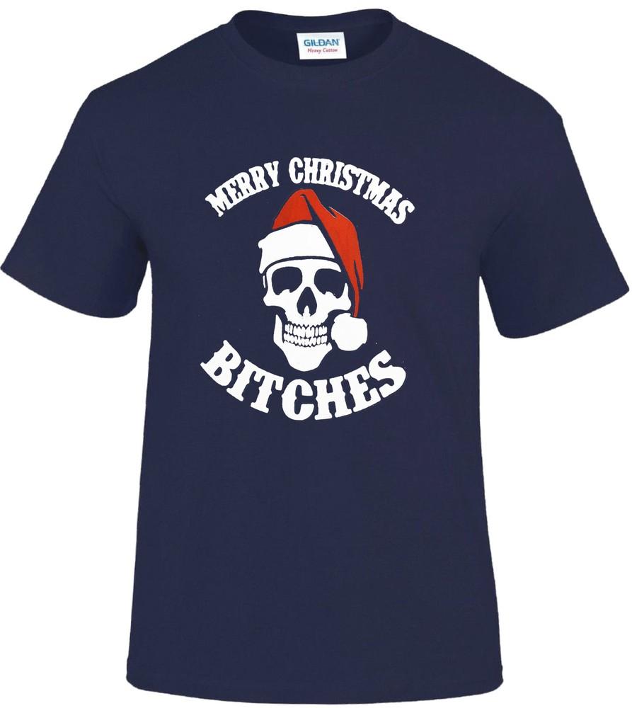 Merry Christmas Bitches TShirt Santa Gift Biker Decembeard Fancy Funny Top Tee