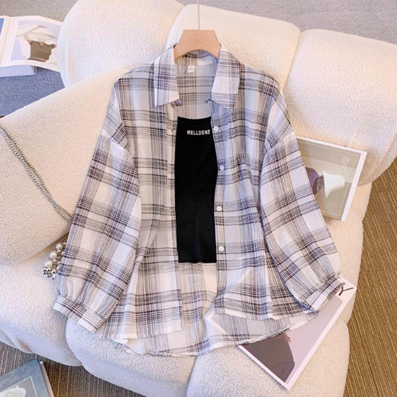 Summer Womens Lightweight Checkered Shirt Long Sleeve Open Front Cover Up Blouse Thin Breathable Top