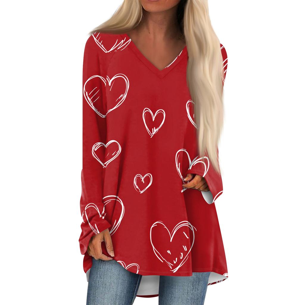 Women's Fashionable Casual Long-Sleeved Valentine's Day Print V-Neck Mid-Length Top