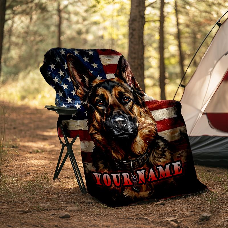 1PC Custom Name American Flag German Shepherd flannel blanket versatile,all-season throw suitable for the living room,bedroom,camping,travel,and gift