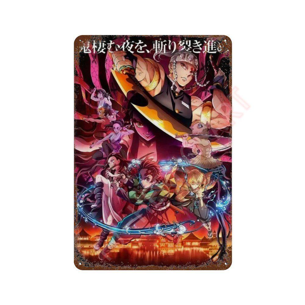 Classic Pop Anime Demon Slayer Kyojuro Rengoku Art Poster Metal Tin Sign Plaque Wall Plates for Living Room Modern Home Decor