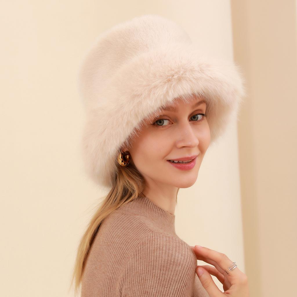 Women Head Accessories Thick Warm Faux Fox Fur Bucket Winter Hat Set Cap