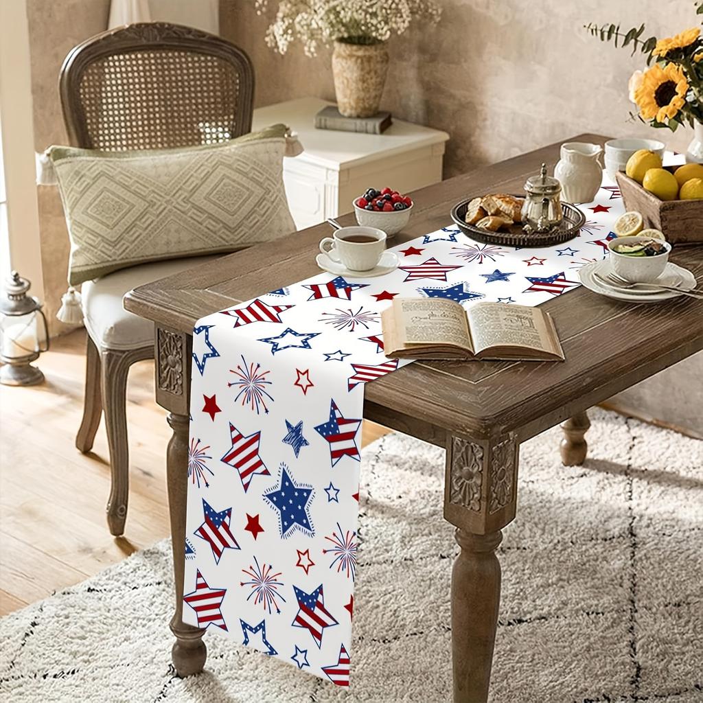 1pc 4th of July Vintage Star Table Runner, Premium Linen 2D Print, Decorative Table Cover for Living Room & Patio, American Flag