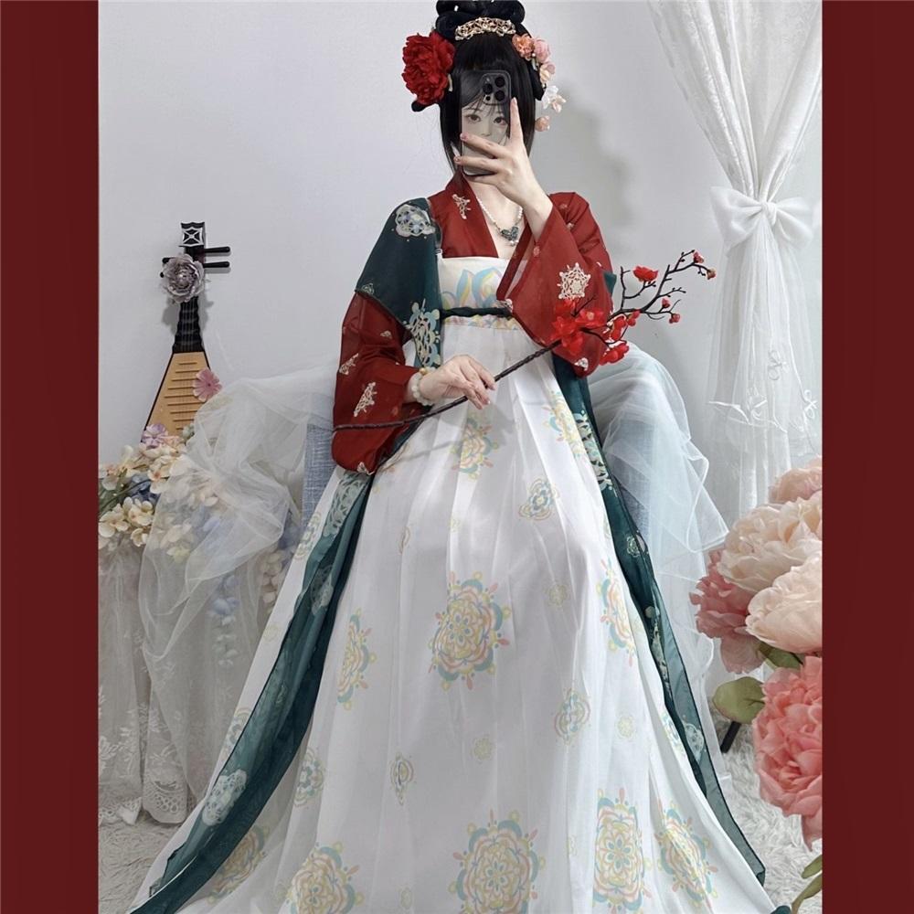 Chinese Tang Dynasty Style Print Restored Hanfu One-piece Chest-length Skirt Suit For Women