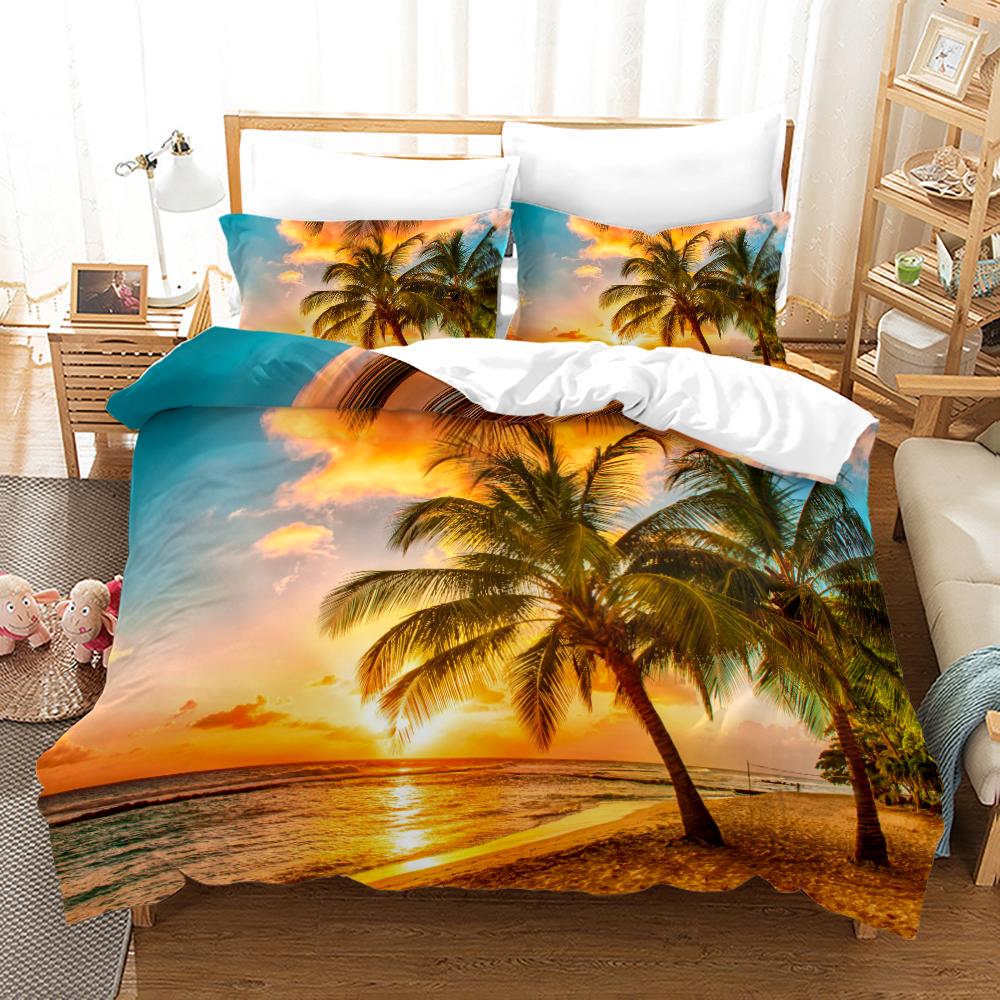 Тропический Пейзаж Полиэстер Комплекты Пододеяльников King Full С Наволочками Кокосовые Пальмы Морской Закат Природный Вид Большой Узор Солнца