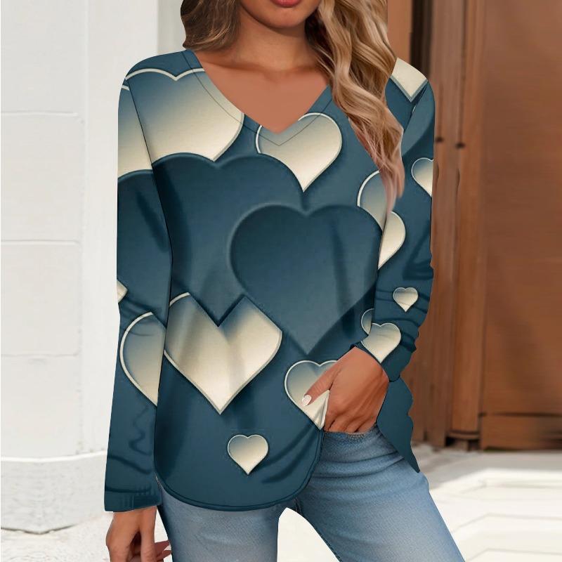 Весна Осень V-образный вырез с цифровым принтом повседневная свободная женская футболка с длинными рукавами пуловеры и длинные рукава (Женский)