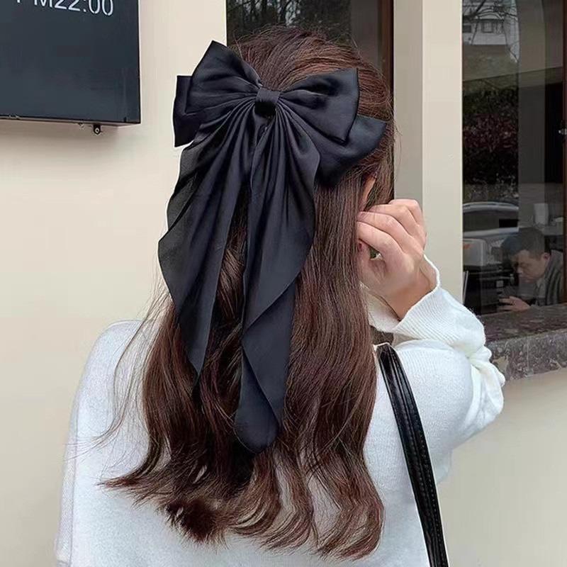 1 Pcs Fashionable Solid Color Ribbon Bow Hair Clip Women's Elegant Long Satin Large Bow Spring Clip Hair Accessory Top Clips