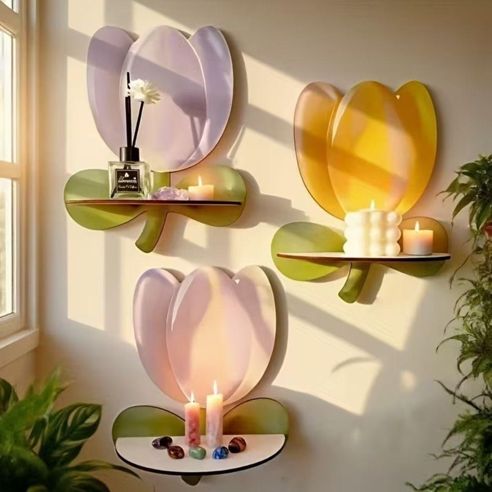 Wood Flower Wall Shelf Bohemian Style Crystal Display Shelf Decorative Wall Shelf  Candle Display