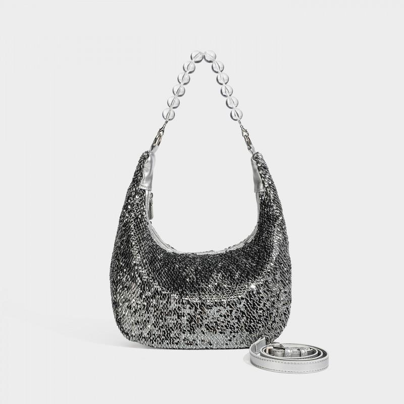 Handmade Beaded Chain Strap Shoulder Bag Women Water Bucket Style Zip Pearl Decor Versatile Everyday Evening Use