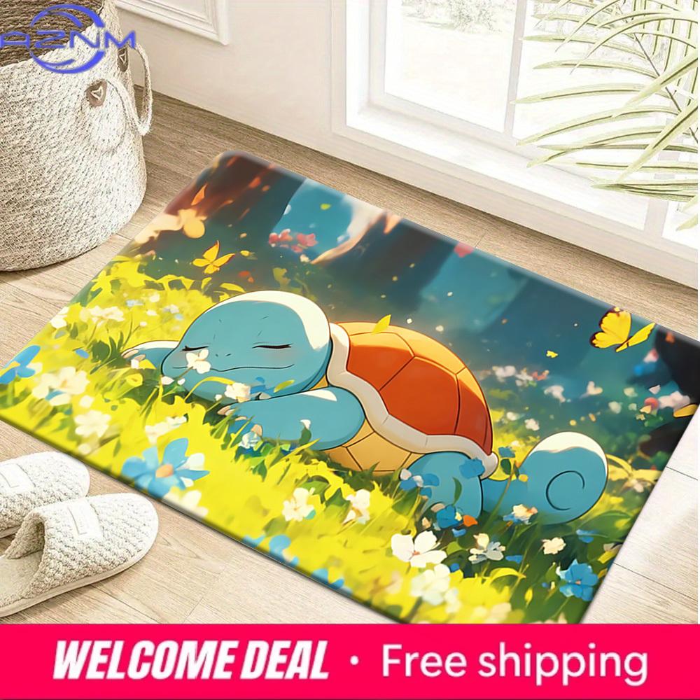 Pokemon Squirtle Sleeping in Flower Field Print Doormat Non-Slip Absorbent Floor Mat for Indoor Entrance Home Decor