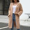 Женский вязаный кардиган с капюшоном, длинный рукав, однобортный свитер, пальто с карманами, однотонный свободный крой, трикотаж средней длины