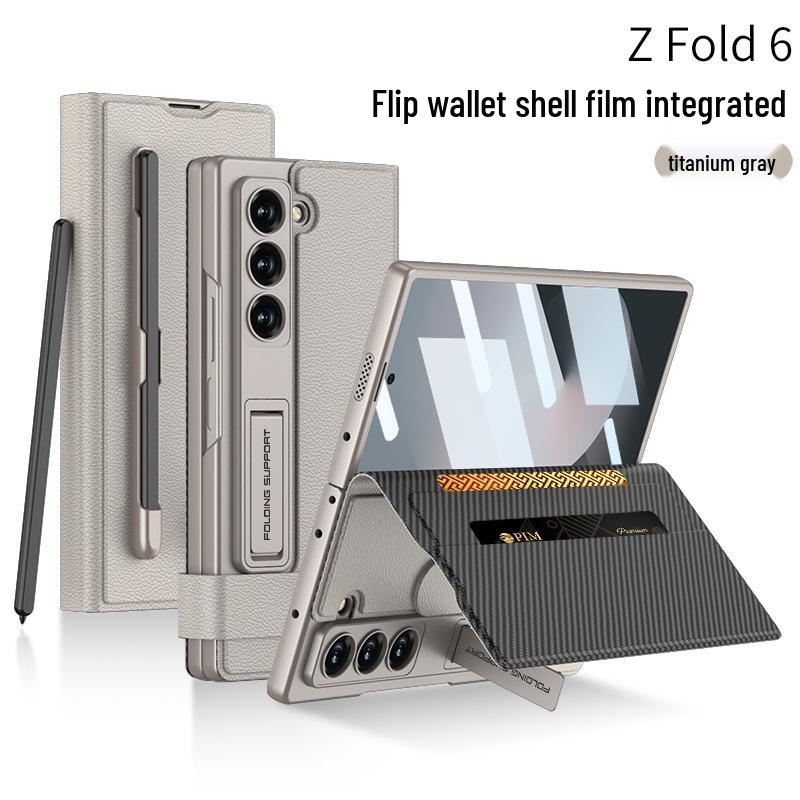 Чехол для Samsung Z Fold6 со слотом для карт, Кожаный чехол-бумажник, Подставка, Держатель для стилуса, Простой стиль