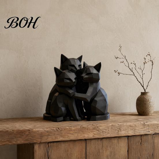 Animal Shape Sculpture 3D Printed Black Cat Figurine, Three Hugging Geometric Statue, Artistic Modern for Home Office Bookshelf Statue