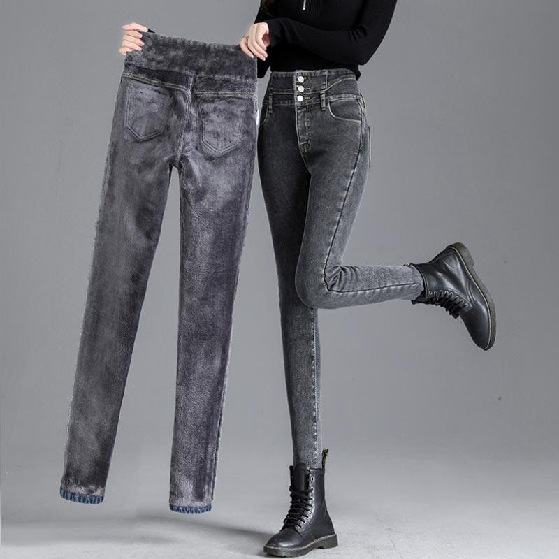 Thicken Jeans for Women Winter High-waisted Slim Tight Trousers Denim Pants Female Fashion Warm Clothing