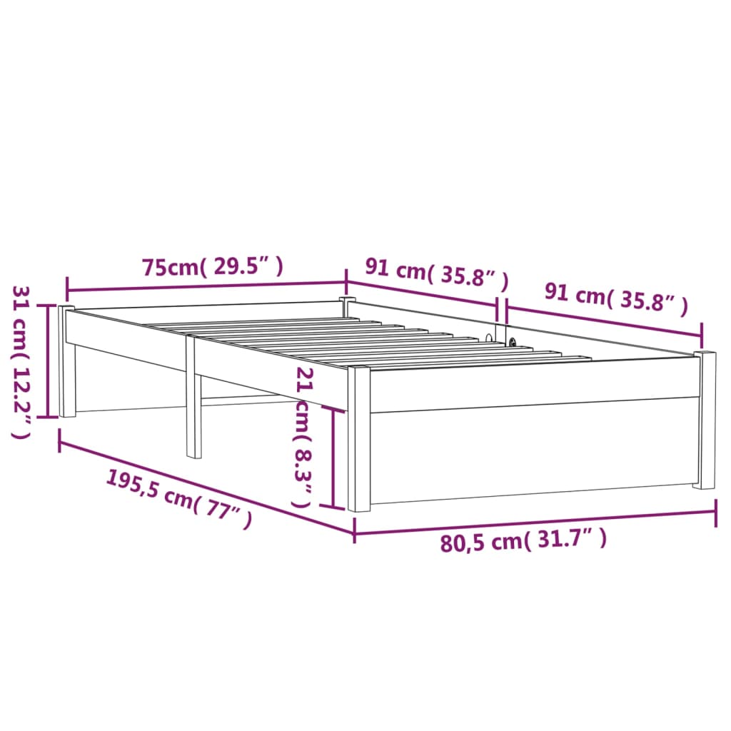 Solid Wood Bed Frame without Mattress White 75 x 190 cm