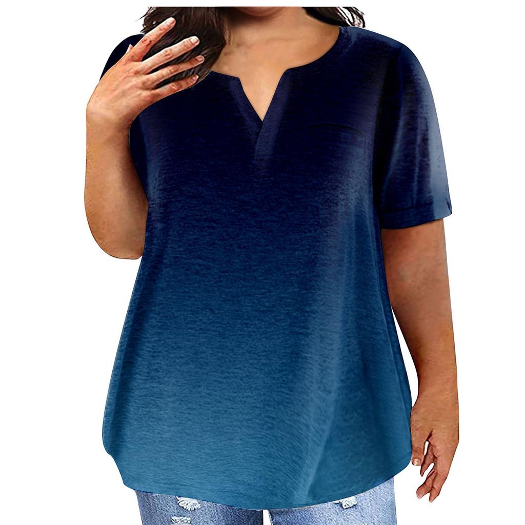 Fashion Plus Size Women's Casual Short Sleeve Round Neck Gradient Print T-shirt With Pockets