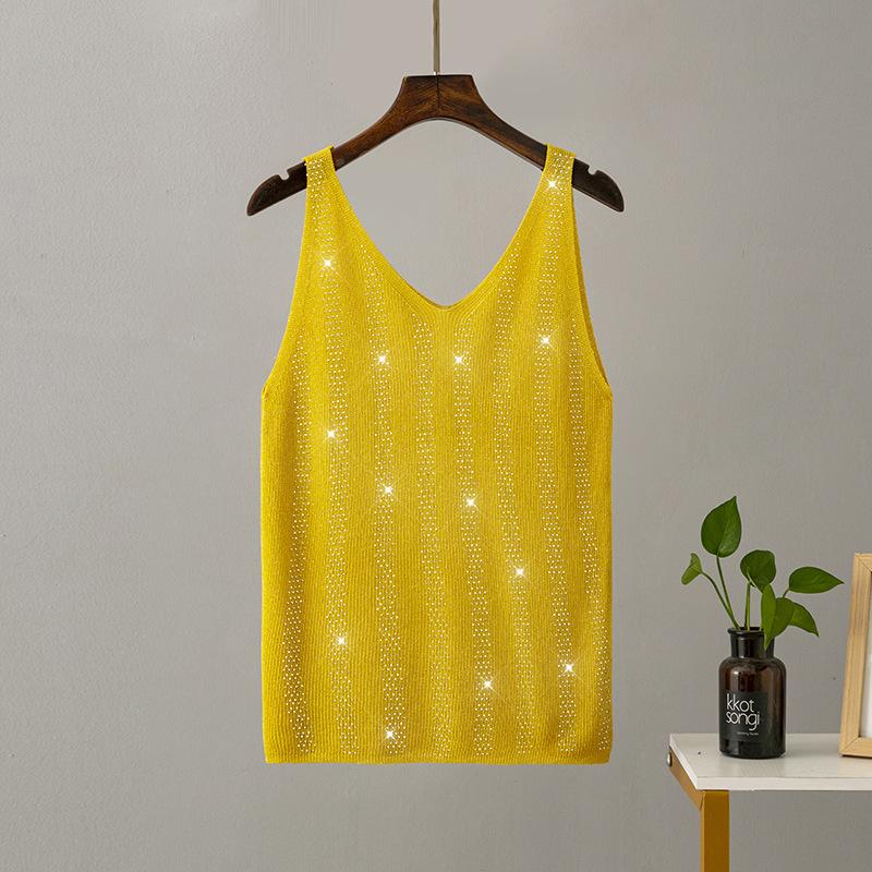 Женская летняя вязаная майка из ледяного шелка с яркой нитью и V-образным вырезом, облегающая майка