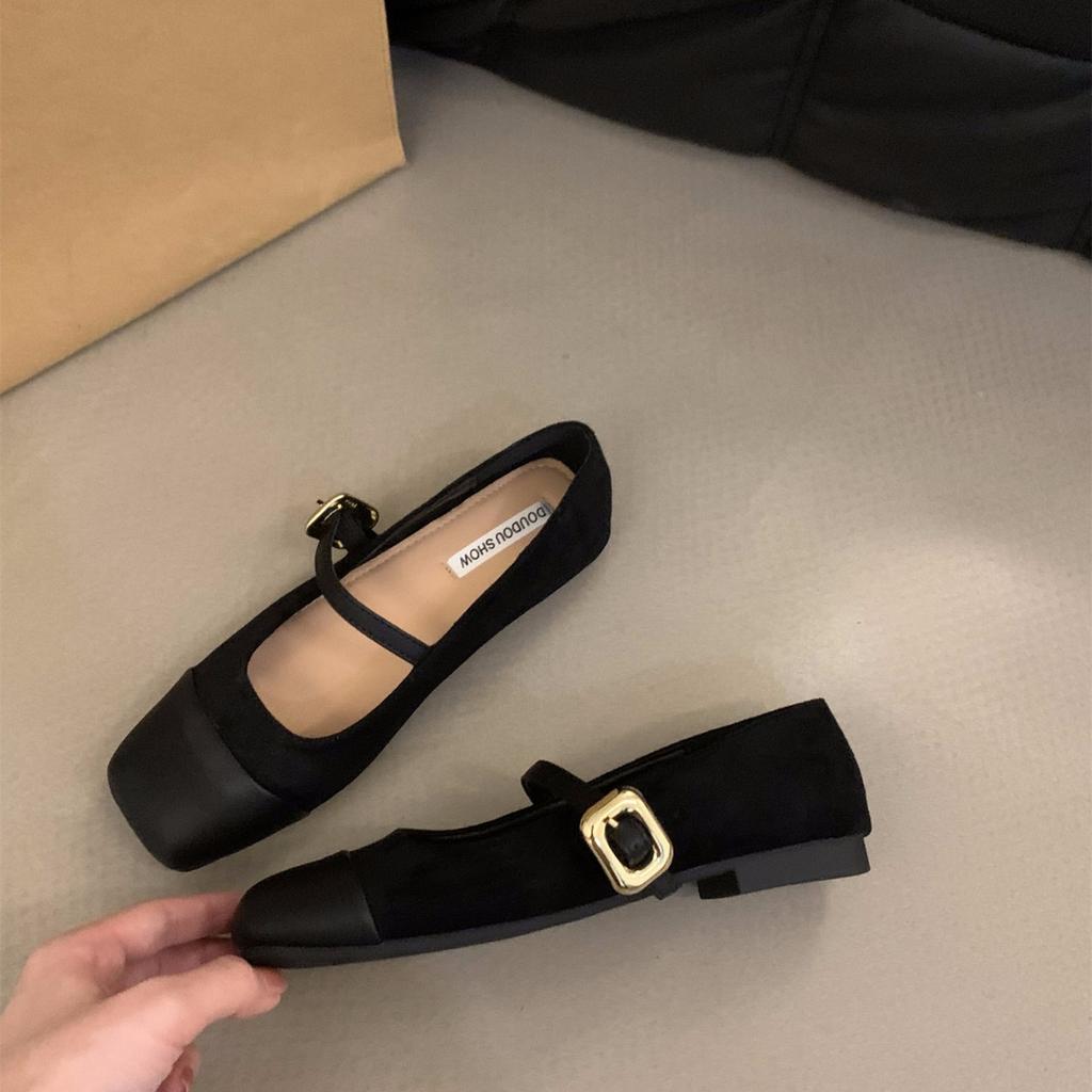 Flat Bottom Square Head Splicing Mary Jane Single Shoes Women's Shoes 2024 New Spring, Autumn and Winter French Retro Suede Evening Shoes