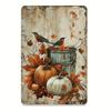 1pc Autumn Harvest Iron Metal Tin Sign, Vintage Pumpkin and Birds Wall Art, Rustic Farmhouse Decor for Home, Cafe, and Garden, I