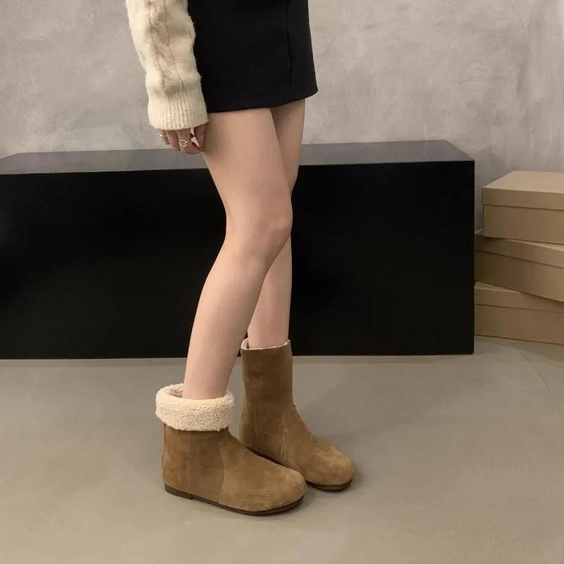 Ретро женские ботинки Высокие женские туфли Зимняя женская обувь Плюшевые короткие ботинки Женские с круглым носком Модные замшевые ботинки Ботас