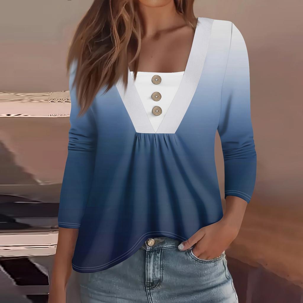 Women's Fashion Casual Long Sleeve Shirt Gradient Printed Button V Neck Up Tops