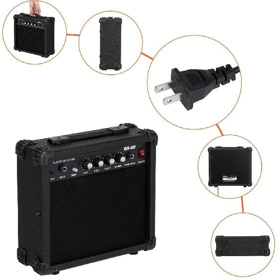 Усилитель для электрогитары, усилитель мощностью 20 Вт со встроенным динамиком 6,5 дюйма, разъемом для наушников и дополнительным входным разъемом. Регуляторы басов, громкости, высоких частот и усиления.