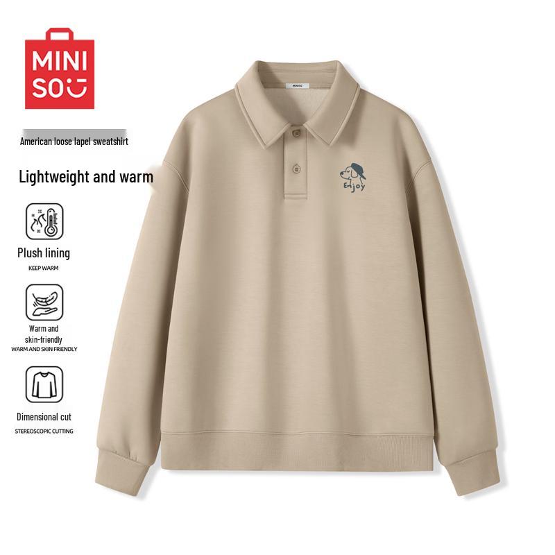 MINISO Men's American Retro Fleece-Lined Turn-Down Collar Sweatshirt