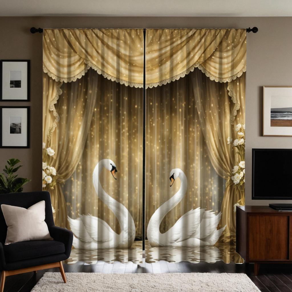 2 Pieces HD Digital Yellow Color Swan Love Curtains Home Decorating Style Decorating Living Room Bedroom Rodding Curtain Effect
