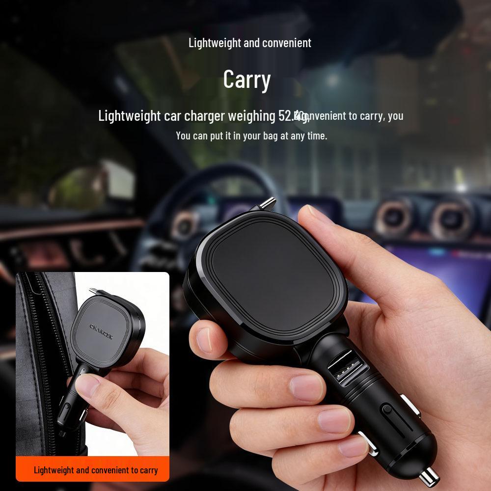 45W Car Charger with Retractable Cable, Fast Charging for Apple, Huawei - Fits Car Cigarette Lighter
