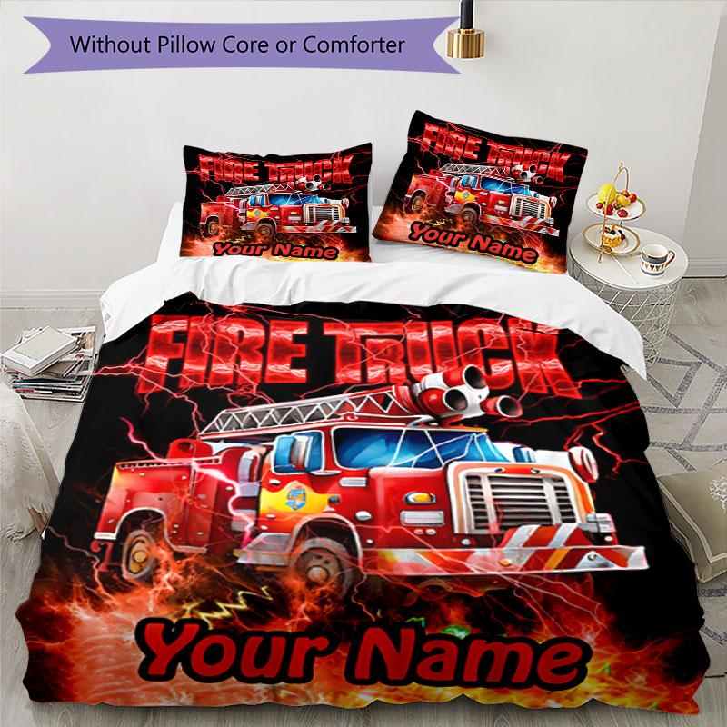 3PC Custom Name Fire Truck Adventure Bedding Set Duvet Cover Closure Includes 1 Duvet Cover & 2 Pillowcases for Bedroom