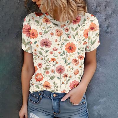 Летняя женская повседневная модная оранжево-розовая футболка с принтом цветов и зеленых листьев, универсальная на каждый день, с коротким рукавом