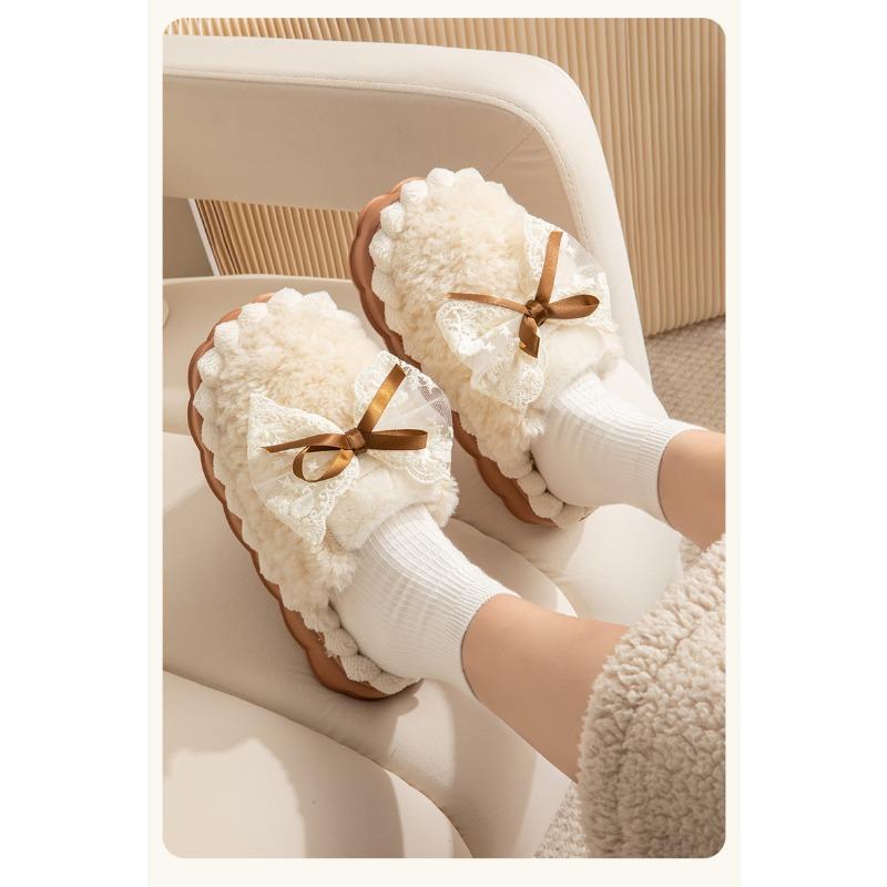 Хлопковые тапочки для женщин зимой дома девичьи сердечки бант кружева теплые плюшевые и завернутые тапочки