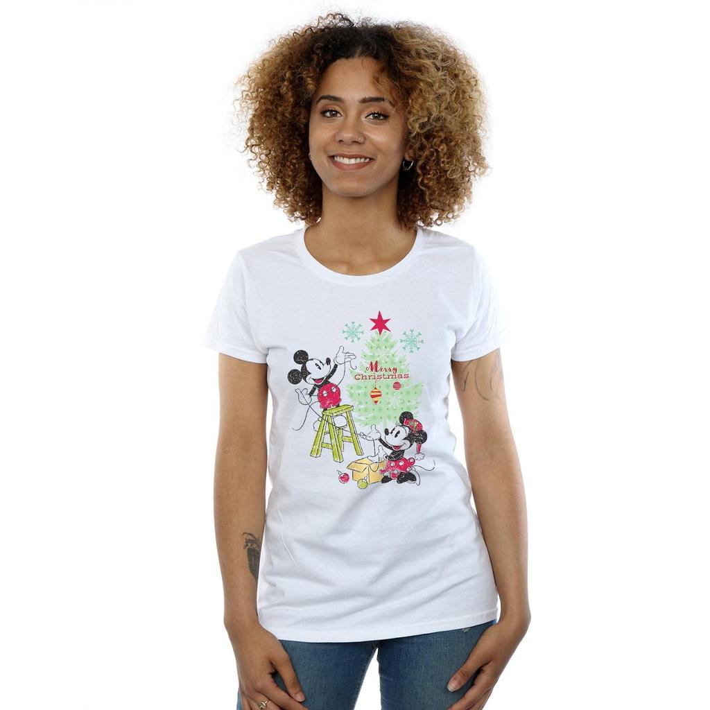 Disney Womens/Ladies Mickey And Minnie Christmas Tree Cotton T-Shirt