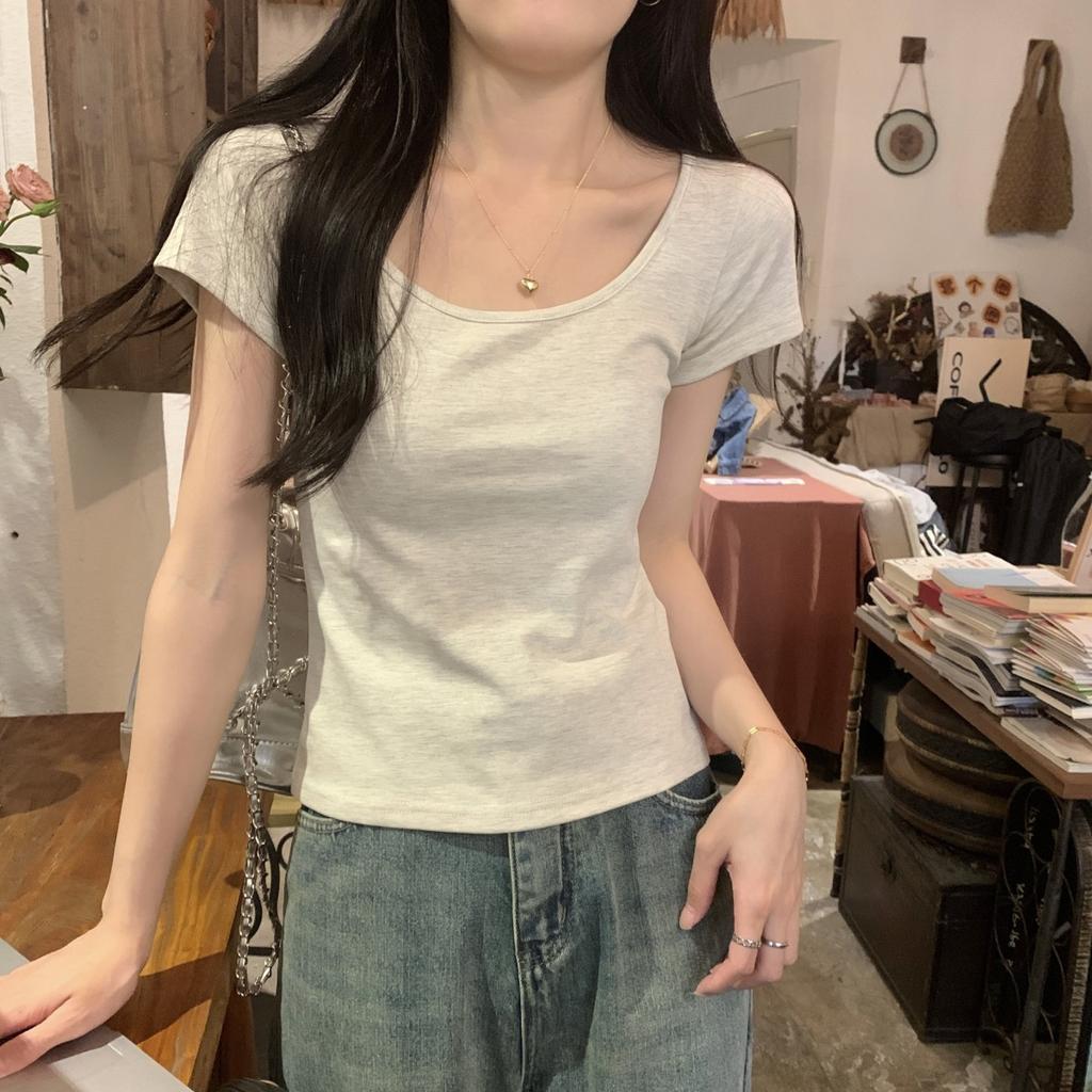 Summer Versatile Large Crew Neck Exposed Clavicle Skinny Slim Design Short Sleeve T-Shirt Women's Top