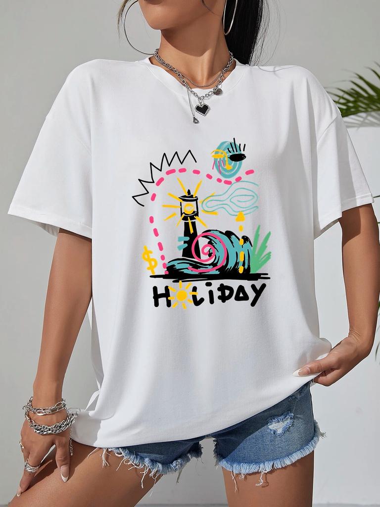 Happy Holiday Train Unisexga Графический уличная футболка Женские летние хлопковые топы High Street с коротким рукавом Повседневные футболки унисекс