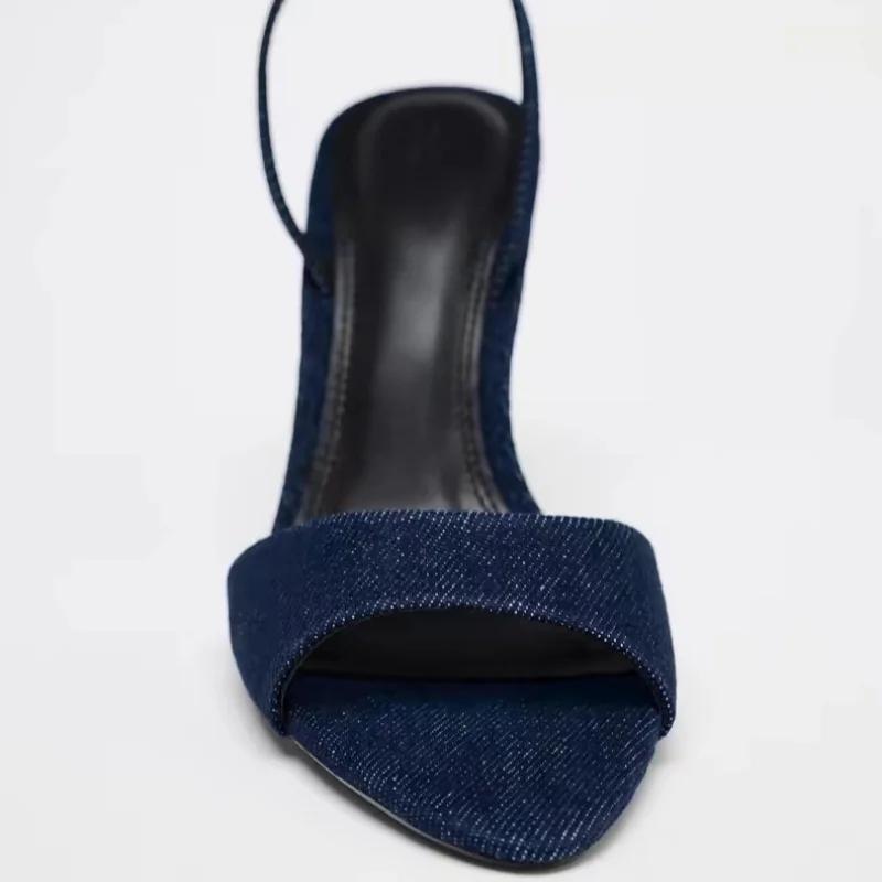 Denim Blue Thin Heeled Sandals Women Sexy Peep Toe Ankle Strap Buckle High Heels Summer Elegant Pumps Comfort Casual Sandalias
