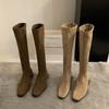 Зимние винтажные облегающие женские сапоги до колена, дизайнерские туфли на толстом каблуке, современные длинные боты для женщин