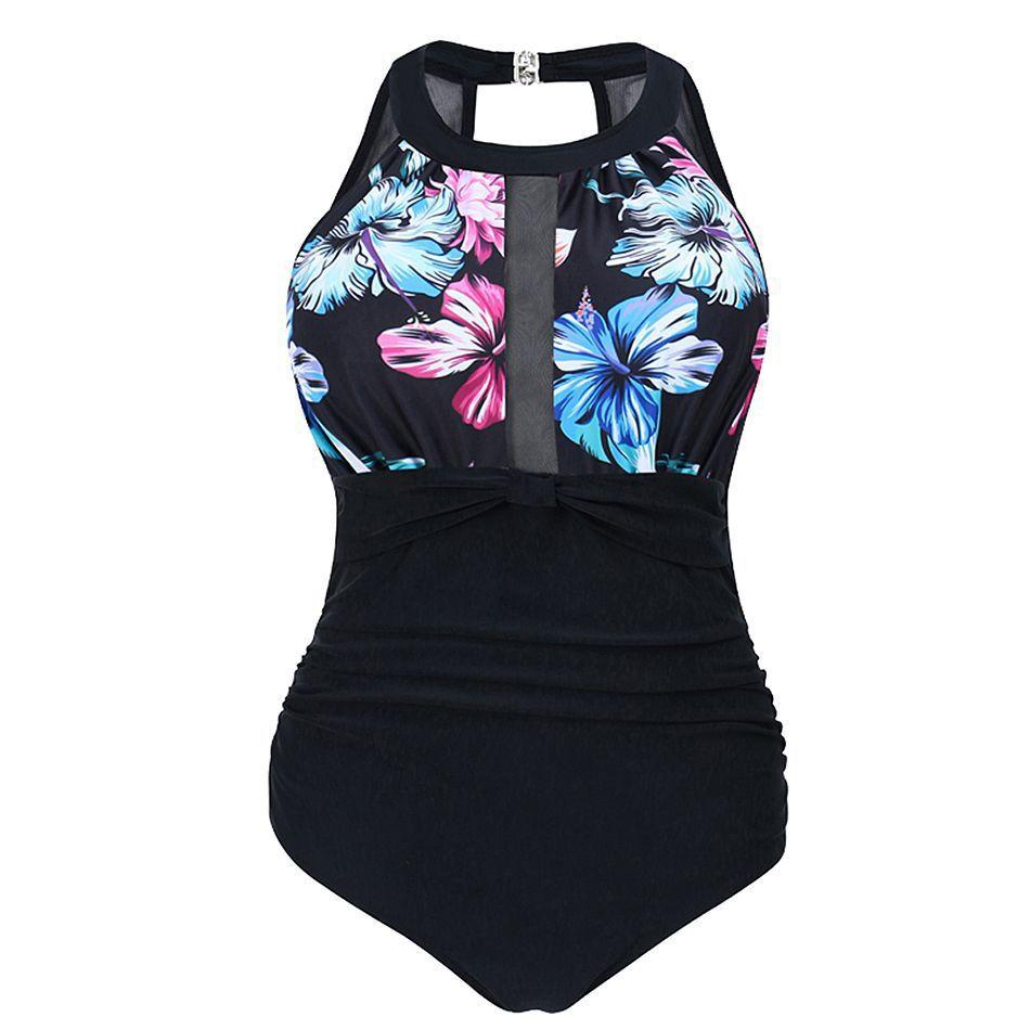 Купальник большого размера, цельный женский купальник с цветочным принтом, сетчатый купальник с замочной скважиной, лямкой на шее, глубоким вырезом и рюшами, купальник