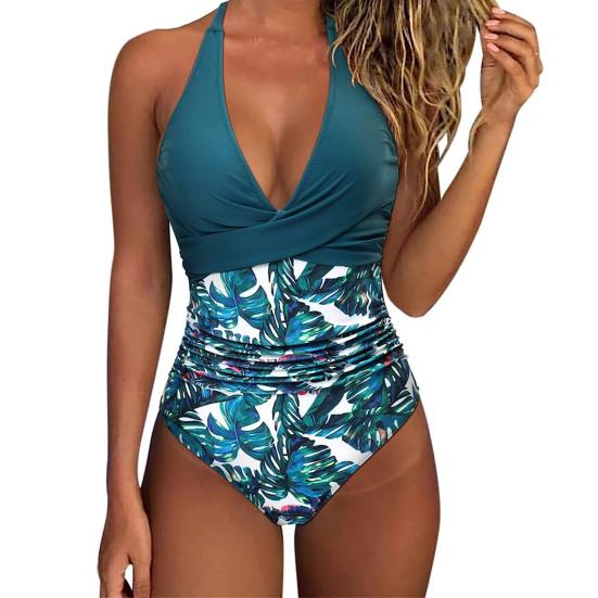 Women Sexy Monokini Halter Sleeveless One Piece Swimsuit Patchwork Color Backless Tummy Control High Waisted Bathing Suit