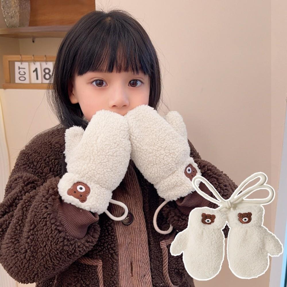 Polyester Bear Plush Mittens Neck Strap Childrens Mittens with Strap For Children 3-8 Years