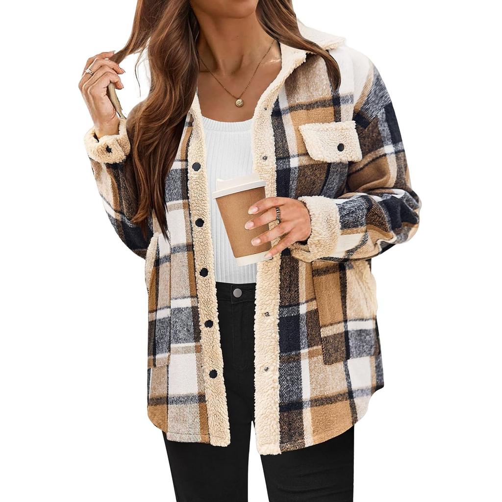 Women Long Sleeve Pullover Casual Plaid Shacket Jackets Fuzzy Fleece Button Down Open Front Jackets Outfits