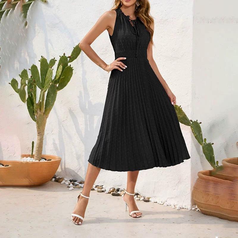 Tie High Waist Pressure Pleated Sleeveless Summer Casual Vacation Travel Dresses