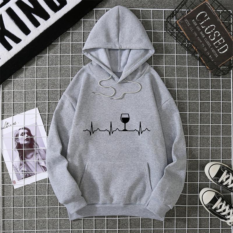 Wine Heartbeat Print Hoodie Sweatshirts Women Long Sleeve O Neck Loose Hoodies Ladies Pullovers Warm Pocket Hooded Jacket