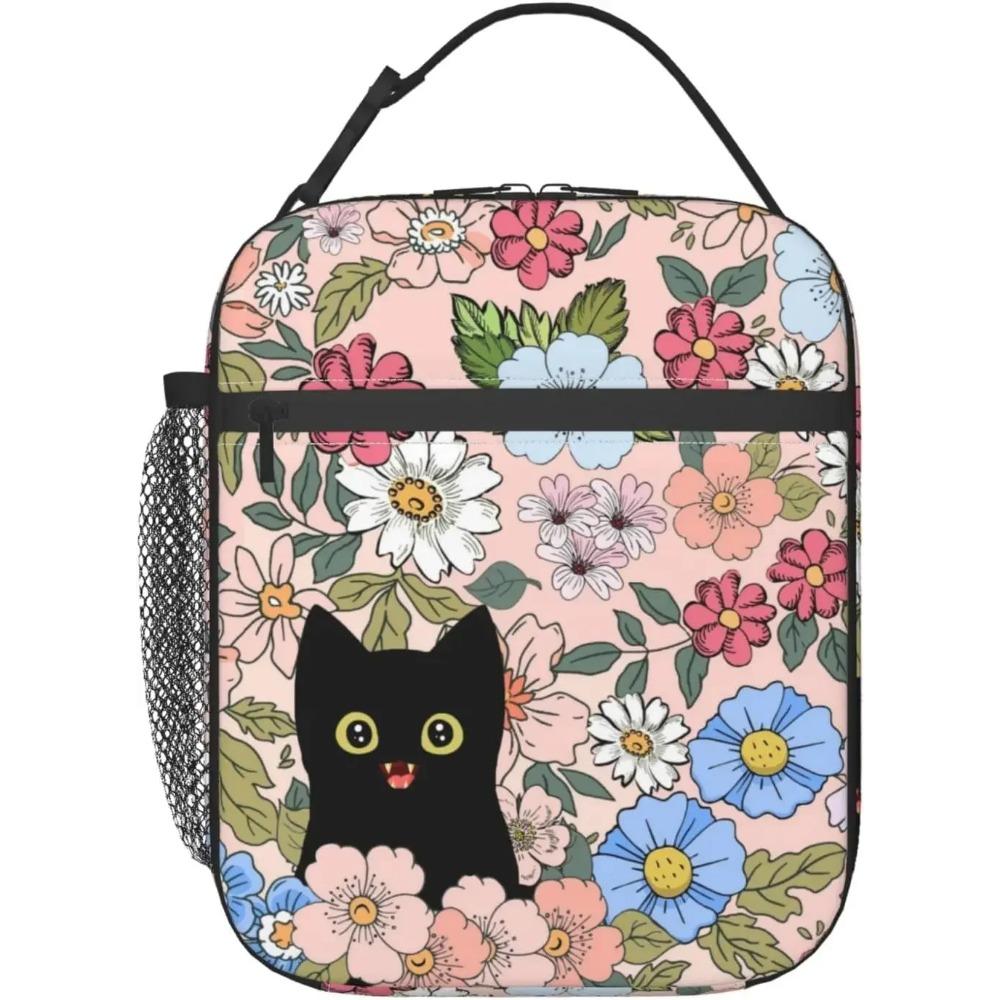 Черный кот ланч-бокс смешной кот ланч-бокс для детей подростков девочек женщин взрослых холодильник изолированный цветочный ланч-бокс для школы работы путешествий