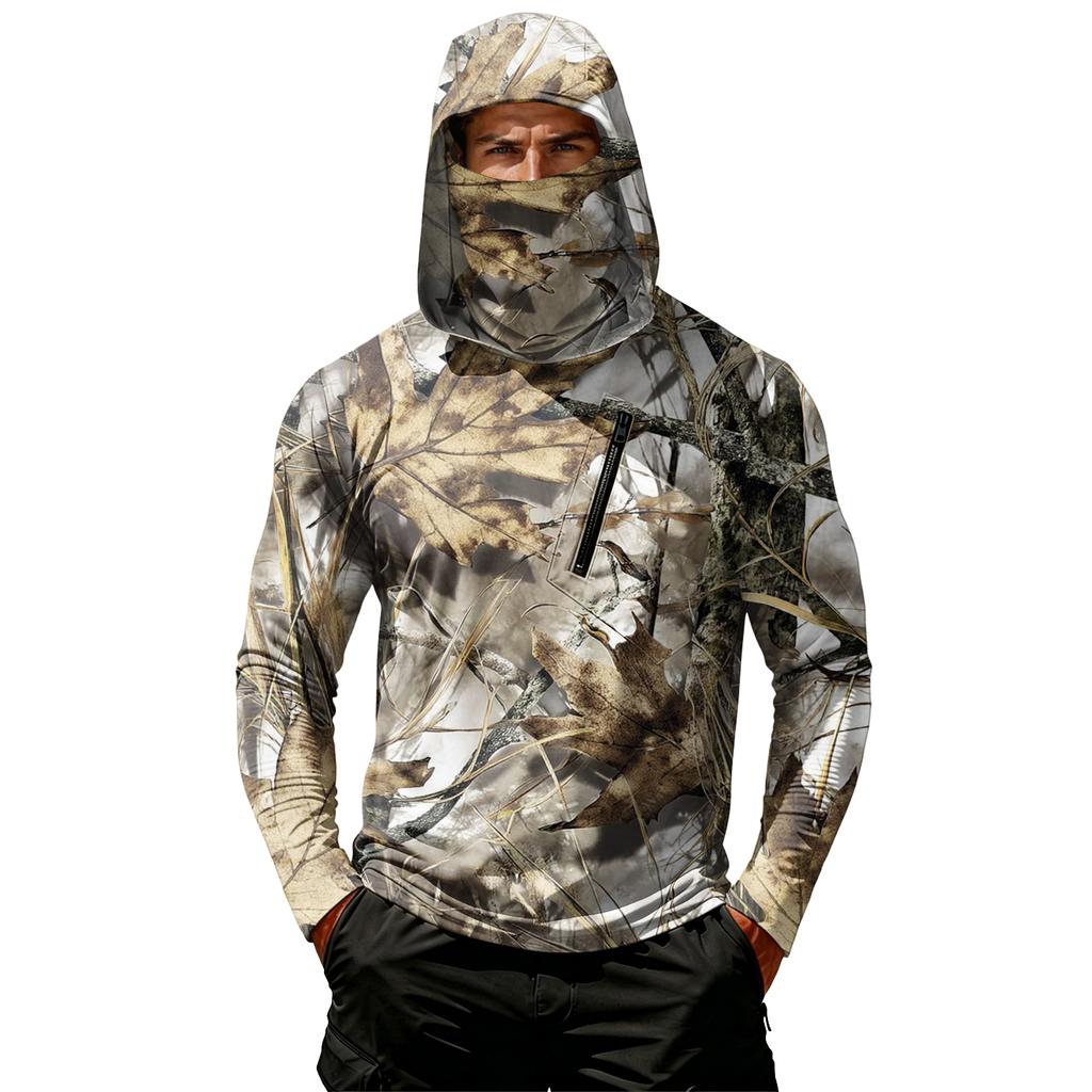 Men’s Casual Hooded Long Sleeve Sun Top with Leaf Camouflage Print and Zippered Chest Pocket for Outdoor Activities
