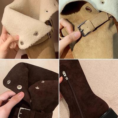 Издание из коровьей кожи~ Виноградные мамины зимние сапоги Флисовые теплые хлопковые сапоги Пряжка на ремне Сапоги до колена Женские облегающие сапоги-рыцари