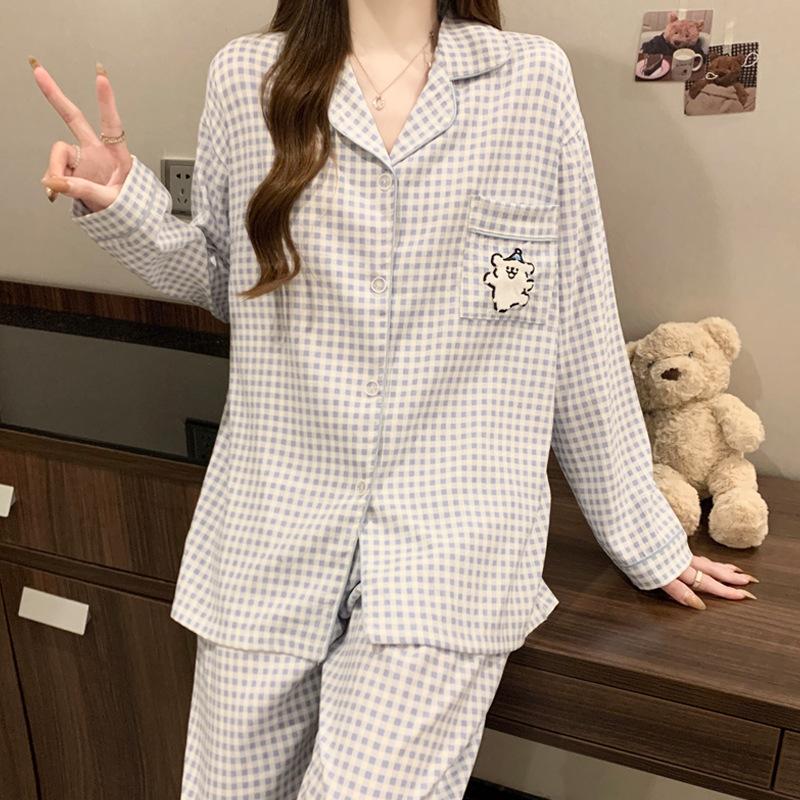 Женский костюм-пижама в клетку с щенками Girls Line, тонкий, с длинным рукавом, из облачного хлопка, для дома