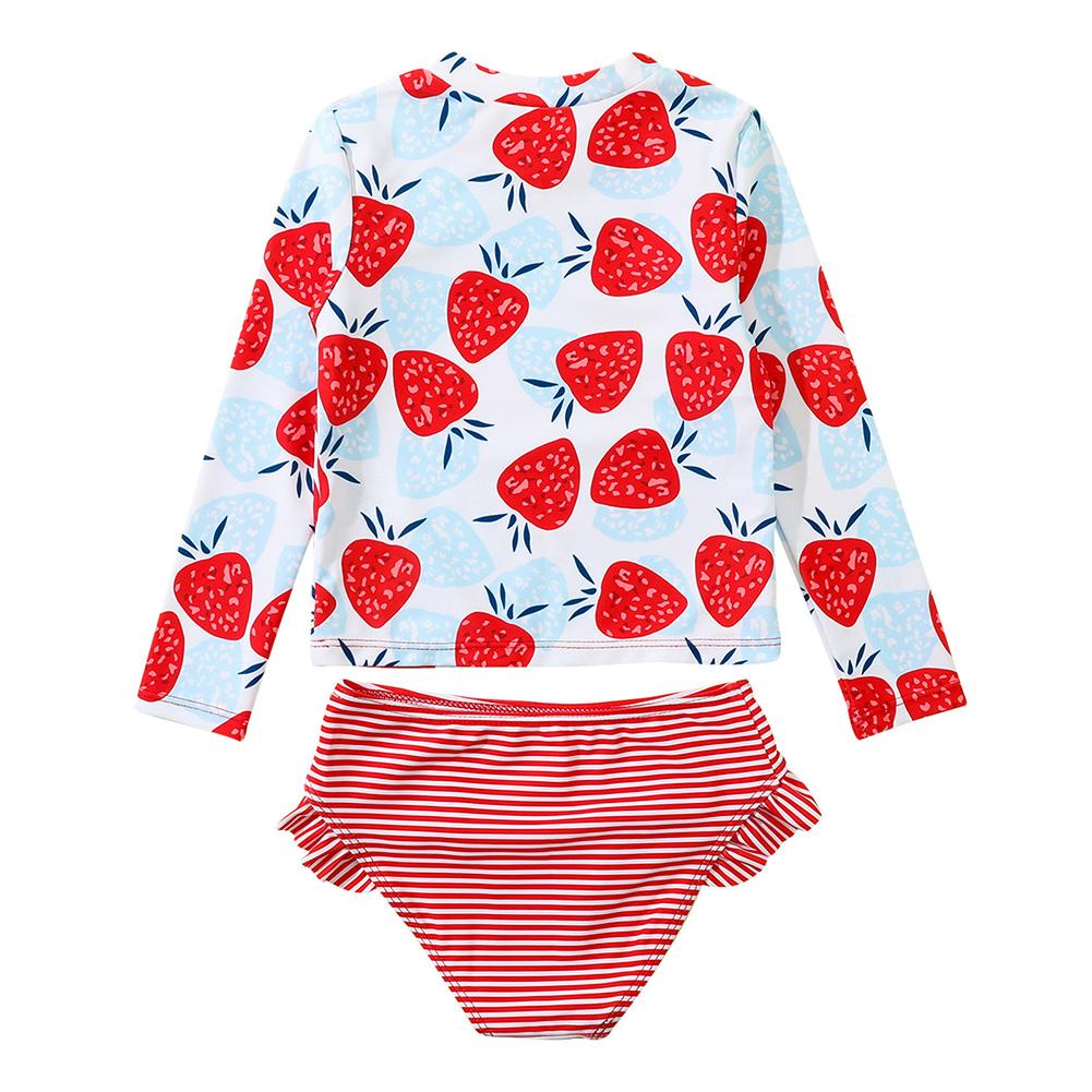 Baby Toddler Girls Rashguard Two Pieces Swimsuit Set Long Sleeve Strawberry Print Bathing Suits Ruffle Striped Bikini Bottoms Swimwear 1-6T
