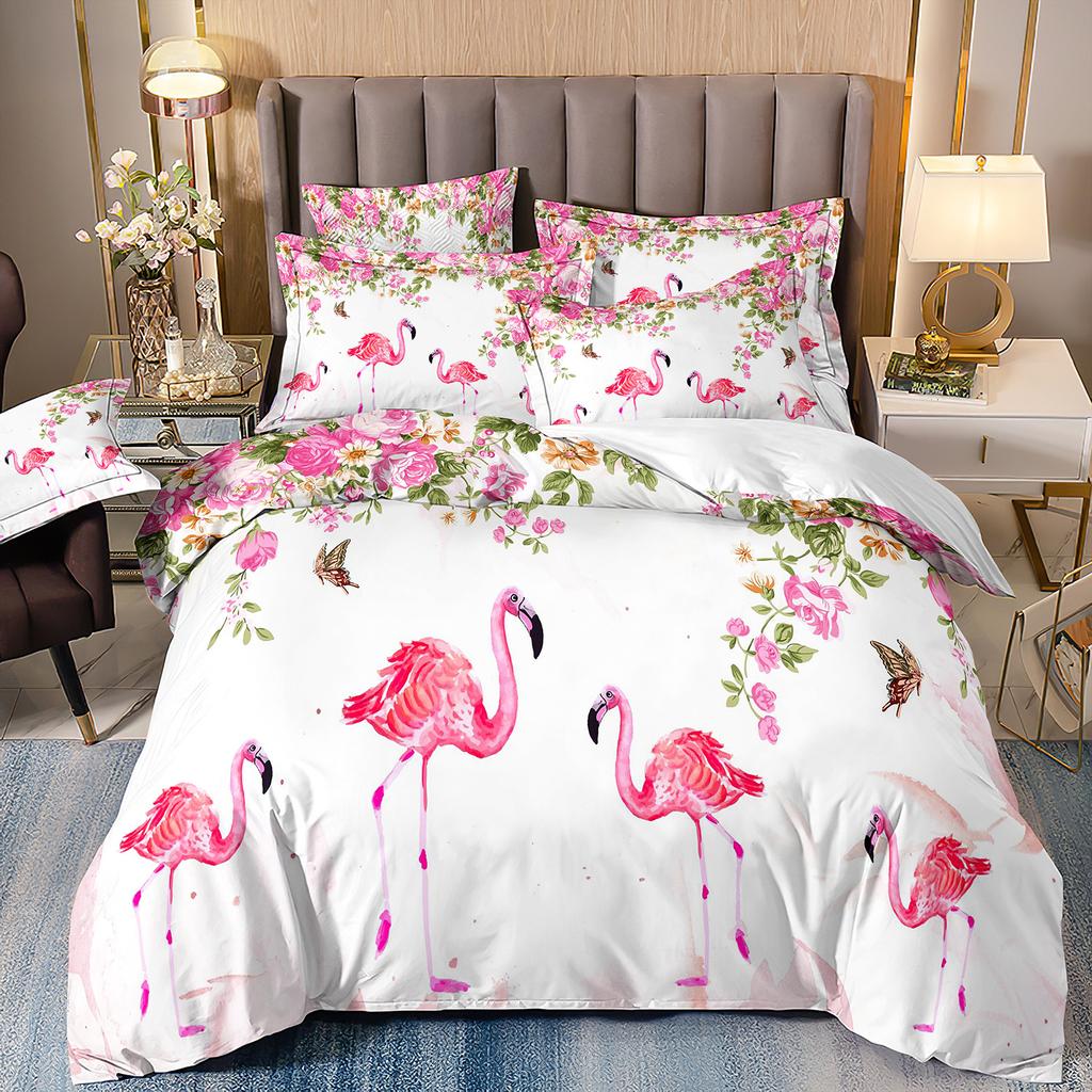 Flamingo Three-Piece 3D Printed Parrot Toucan And Tropical Flower Quilt Cover Pillowcase Bedding
