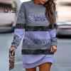Women Fall Winter Dress Striped Color Block Shiny Sequin Loose Round Neck Long Sleeve Above Knee Length Soft Patchwork Mini Dress